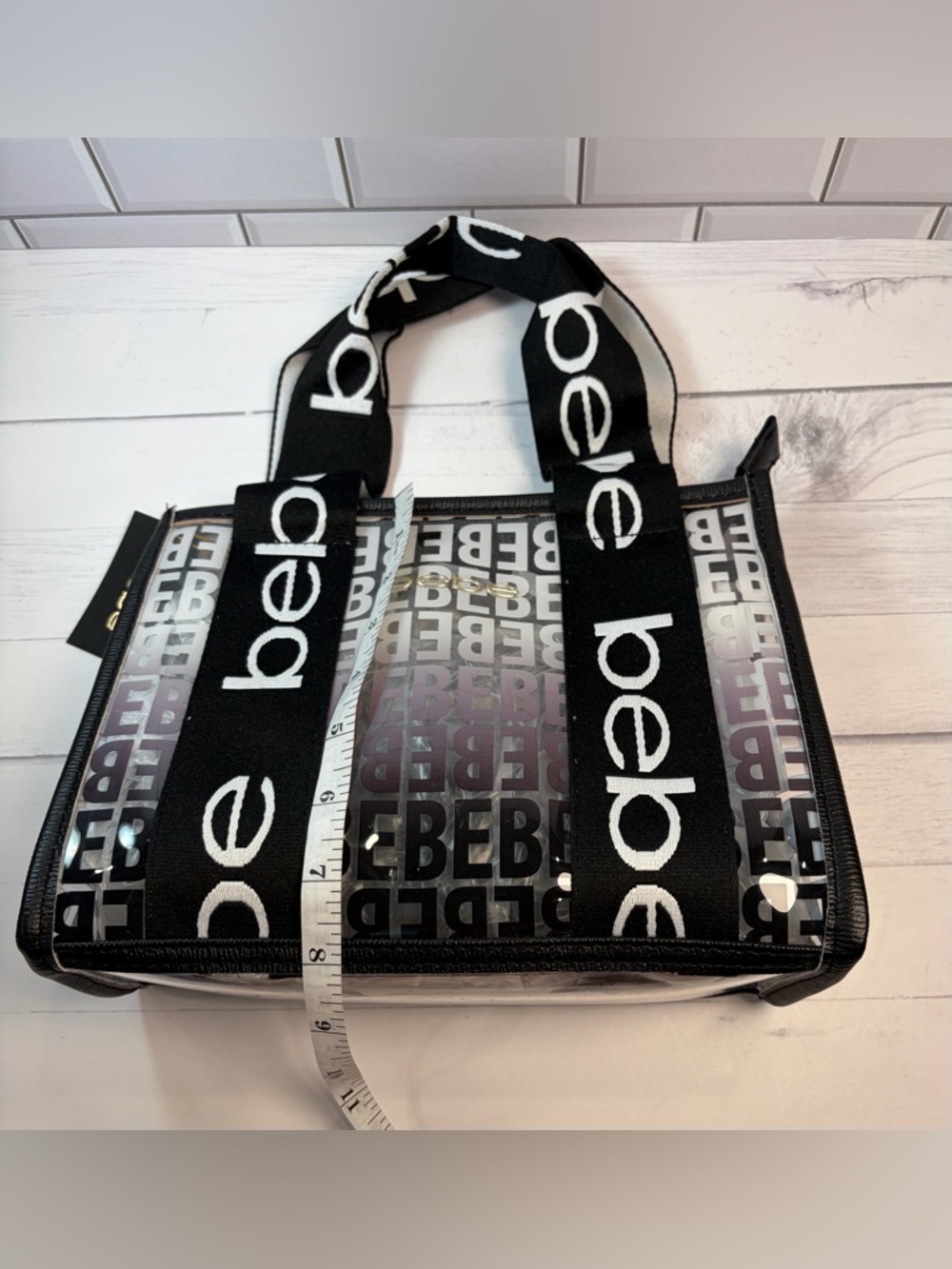 Bebe Black Clear Logo Tote with Black Pouch women satchel - Picture 4 of 9